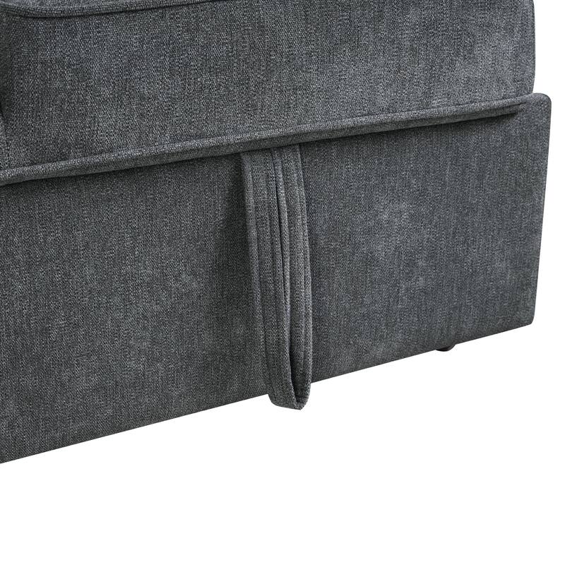 Convertible Sectional Sofa Bed with Flip-Top Table, USB Ports & Cup Holder, Chenille L-Shaped Sofa with Dual Pull-Out Sleepers