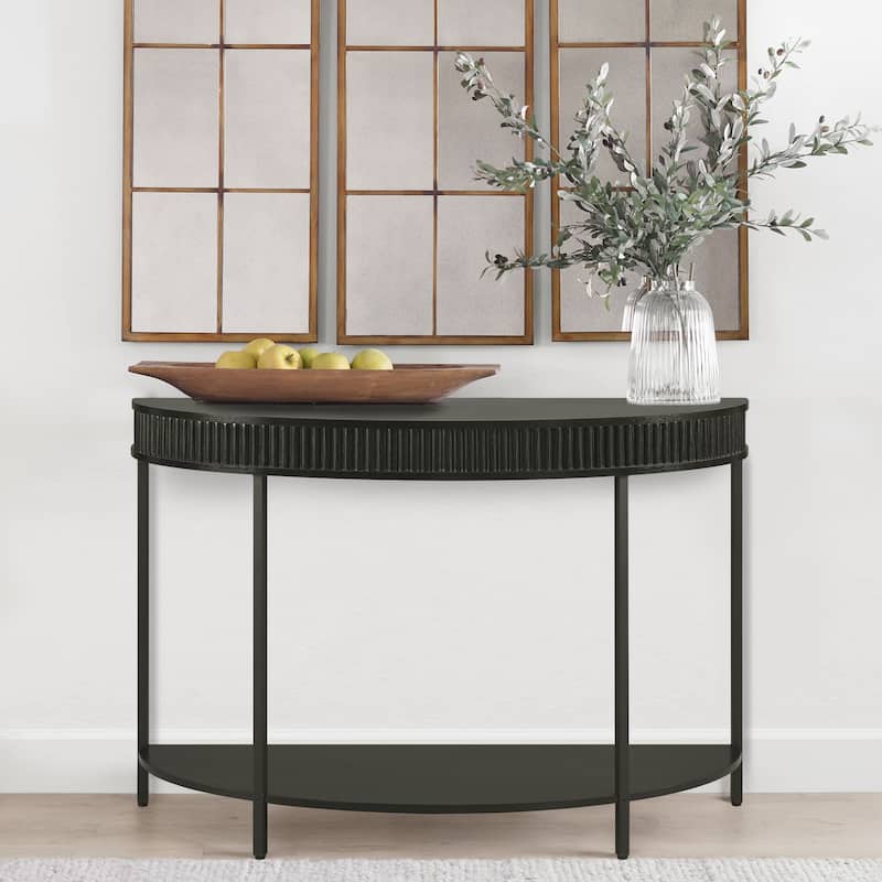 Fluted Half Moon Console Table, 47" Width Modern 2-Tier Black Entryway Console for Living Room Hallway Foyer