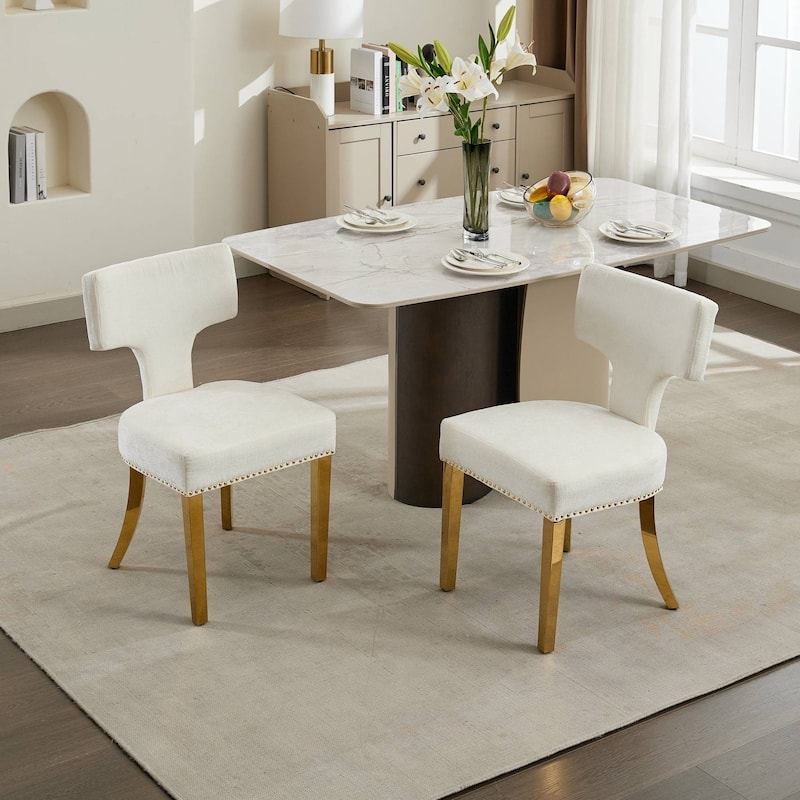 Chenille Upholstered Dining Chair Set of 2, Accent Chair with Curved Back, Kitchen Chair with Stainless Steel Plating Legs