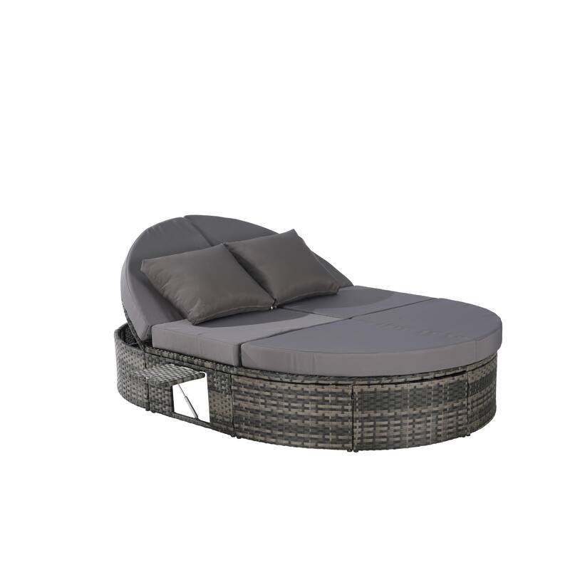 Outdoor Patio Rattan Round Daybed Sunbed with Adjustable Backrests and Foldable Cup Trays