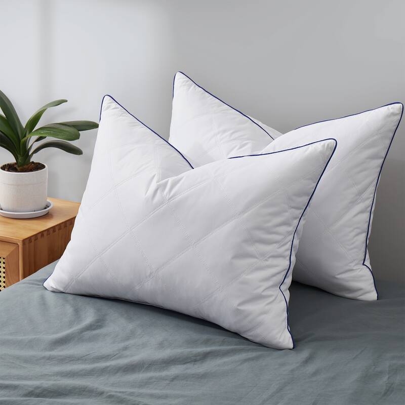 Set of 2 Medium Goose Feather Bed Pillows with Soft Microfiber Cover - White - Medium - Queen