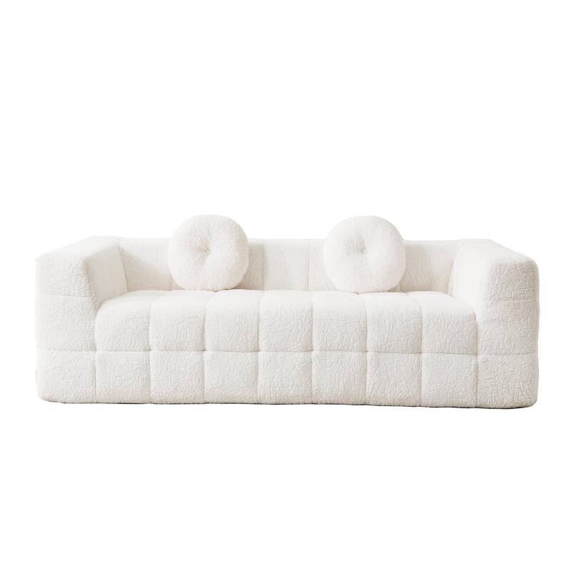 84.6-inch Modern Boneless Couch with Two Circular throw pillows, Skin-friendly lychee-textured long-pile polyester fabric