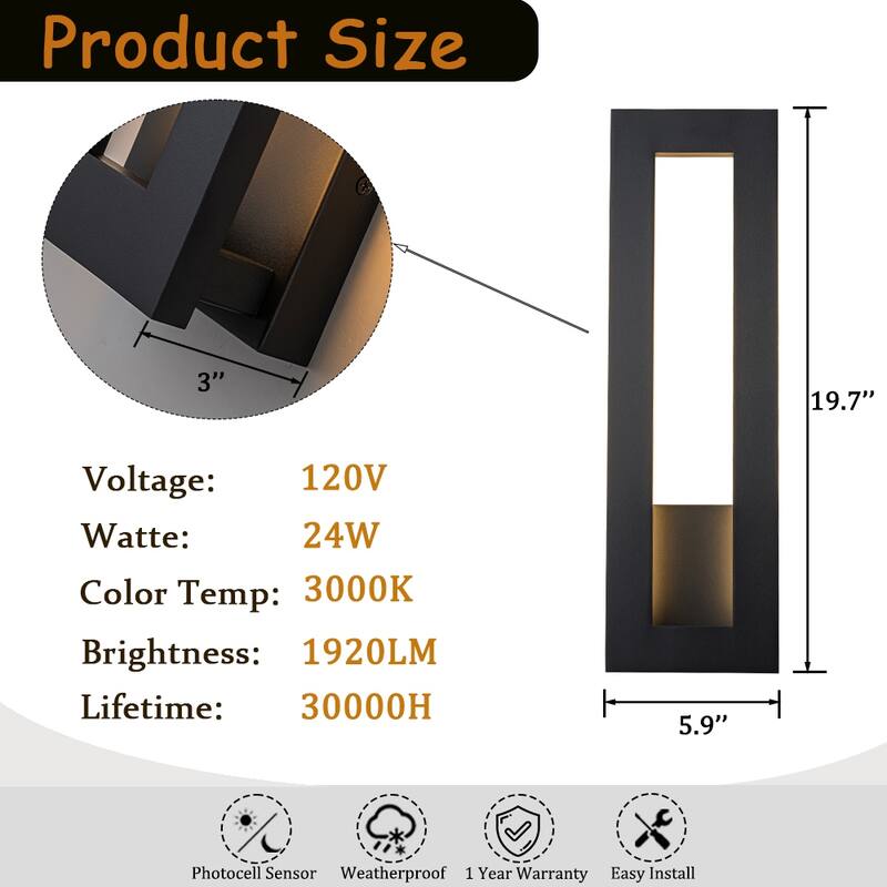 H20'' Modern Outdoor Integrated LED Wall Light 24W Matte Black Linear Sconce with Frosted Acrylic Shade Up/Down Wall Mount