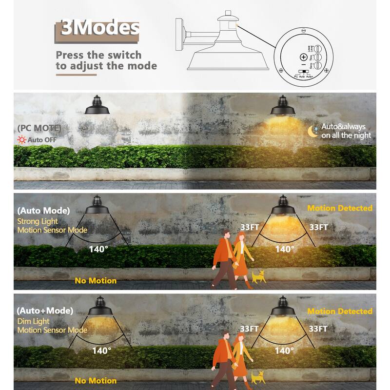 Outdoor Motion Sensor Barn Light - Dusk to Dawn Farmhouse Wall Lantern