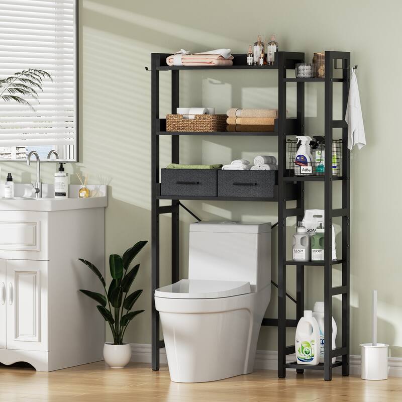 31'' W Over the Toilet Storage Shelf with 2 Drawers and 4 Hooks for Restroom and Laundry