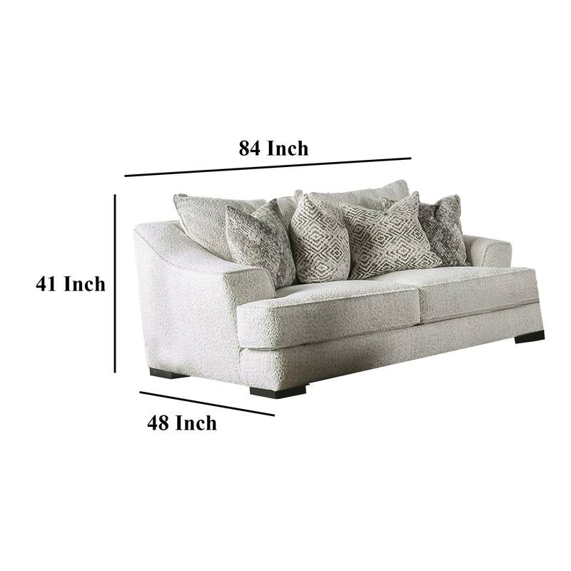 Syma Loveseat, Ivory Boucle, 4 Throw Pillows, Track Arms, 84 Inch