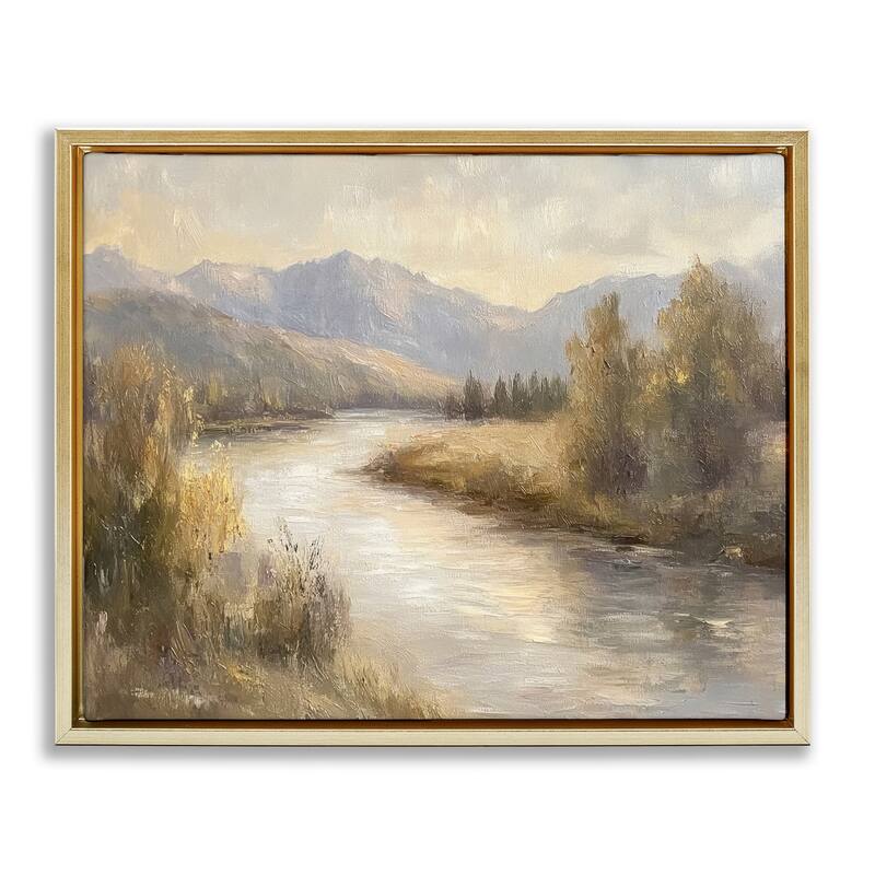 Stupell Flowing River & Distant Mountains Framed Floater Canvas Wall Art Design By Petal Prints Design - 31 x 25 - Gold