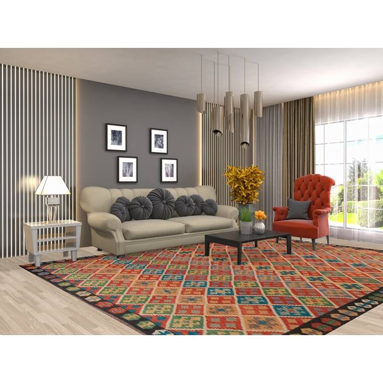 All-Over Trellis Kilim Area Rug Hand-Woven Wool Carpet - 8'9" x 11'4"