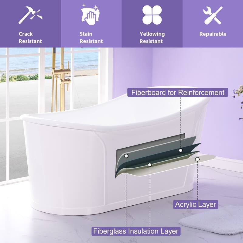 66'' W,68 GALLONS Freestanding Acrylic Soaking Bathtub With Drain And Overflow Holes
