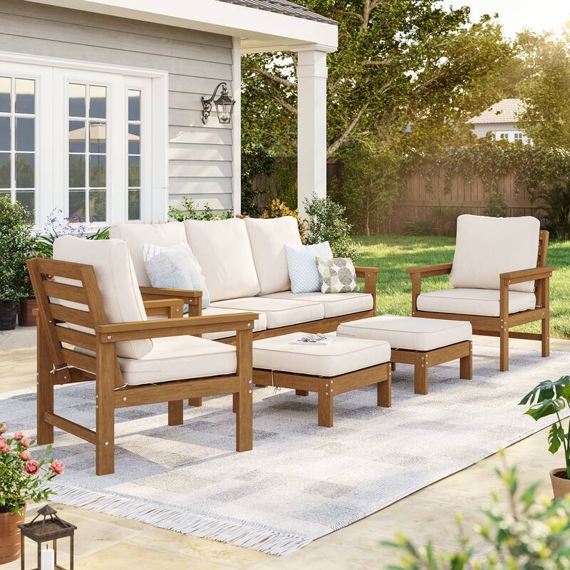 HIPS Outdoor Sofa Set with 3.9 Inch Cushions & Ottoman (Set of 5) - Teak/Beige