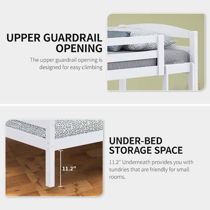 Modern White Solid Wood Twin Over Twin Bunk Bed with Ladder