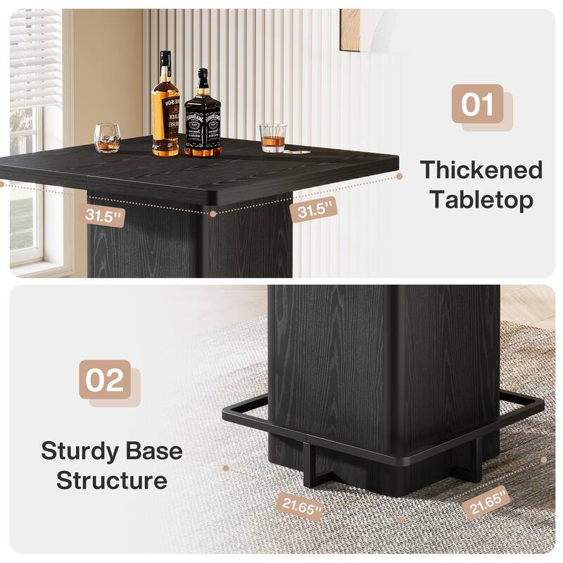 39.37" High Wooden Square Bar Table with Metal Footrest, Black