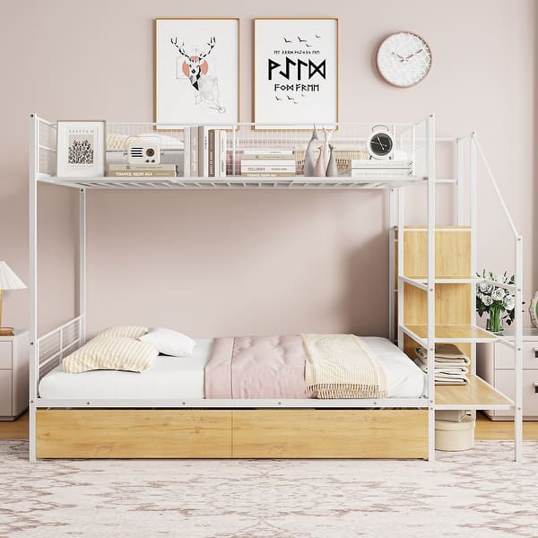 slide 2 of 11, White Twin over Full Metal Bunk Bed with Storage Ladder White