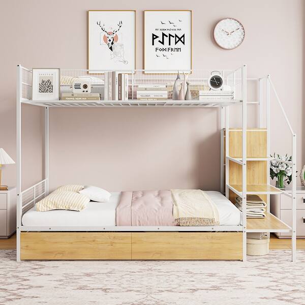 slide 2 of 12, White Twin over Full Size Metal Bunk Bed with Drawer and Lateral Storage Ladder and Wardrobe White