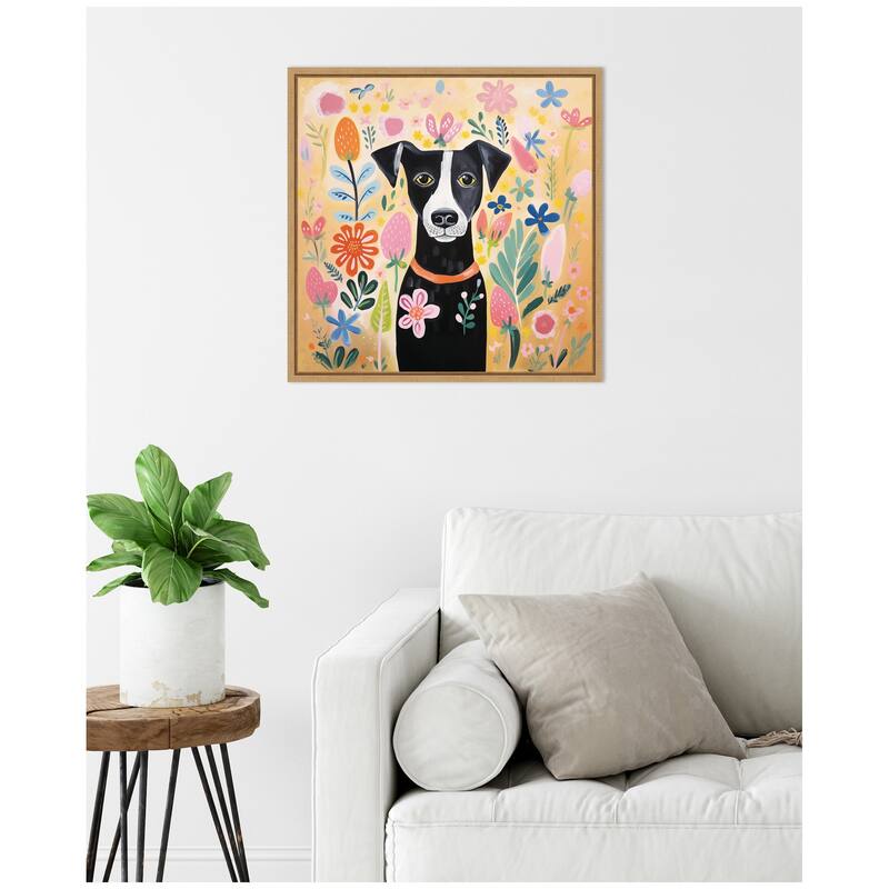 Kate and Laurel Sylvie Black and White Dog Botantical Yellow Framed Canvas by The Creative Bunch Studio
