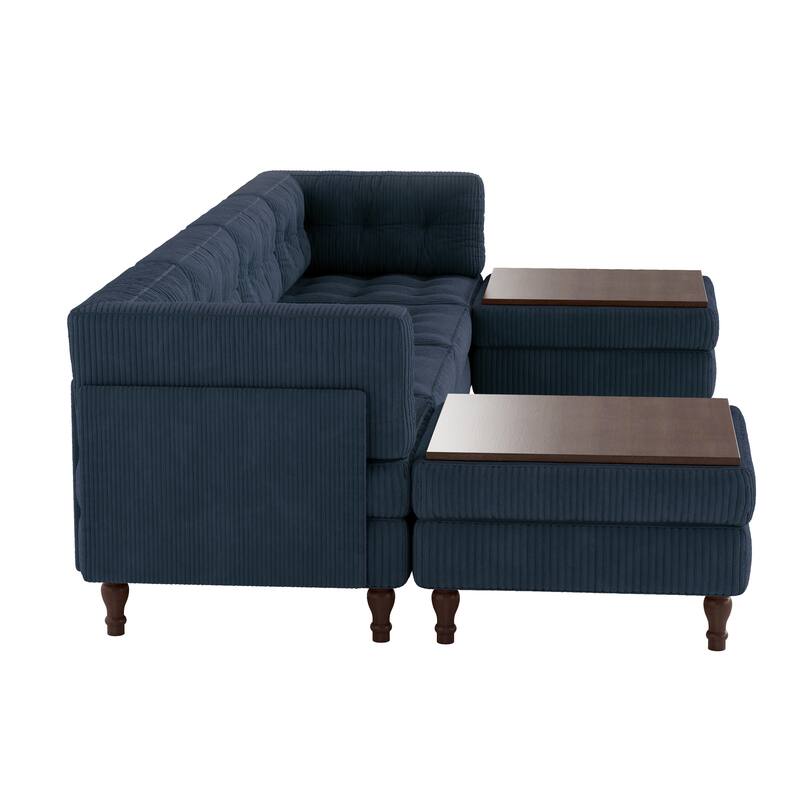 130"W Corduroy Upholstered Modular Sectional Sofa with Storage Ottoman