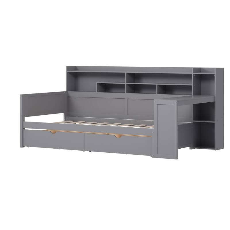 Twin Size Daybed with Study Desk and Storage,Space-Saving Design with Side Shelves, 2 Large Drawers, Built-In Workstation