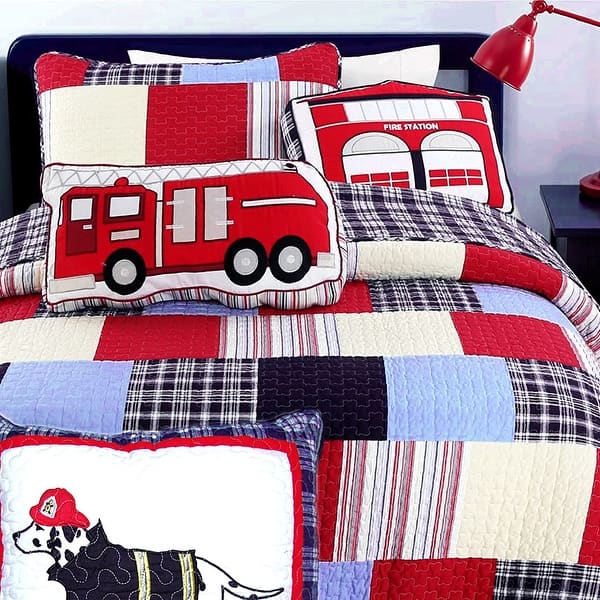 slide 2 of 5, Thomas Firetruck Blue Red Plaid Patchwork Queen Quilt Bedding Set