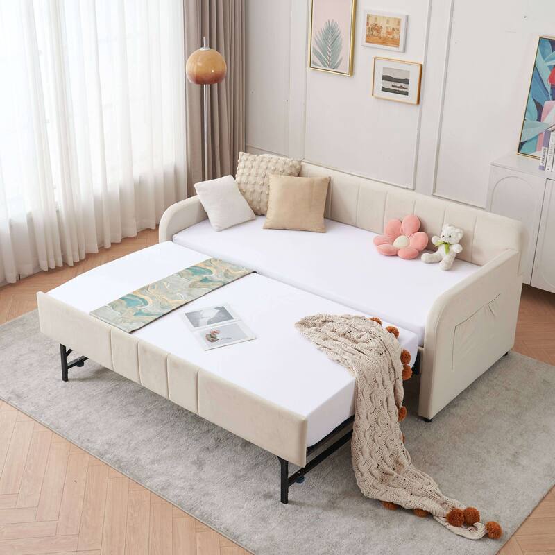 Twin Daybed with Trundle, Upholstered Velvet Frame, Space Saving Daybed Bed for Guest Room