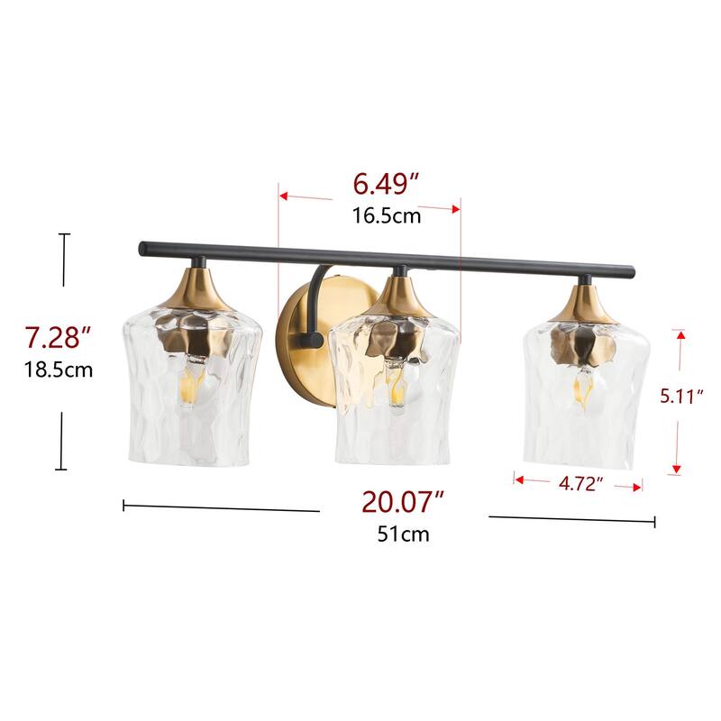 Brushed Gold 3-Light Bathroom Vanity Light with Clear Water Ripple Glass Shades
