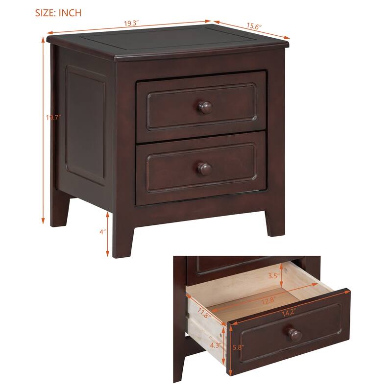 Mid-Century Retro 2-Drawer Nightstand - Classic Design Bedside Table for Bedroom (Dark Walnut)