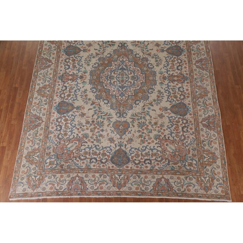 Hand Knotted Oriental 100% Wool Carpet Traditional Floral Beige & Ivories Tabriz Area Rug - 12' 9'' X 9' 9''