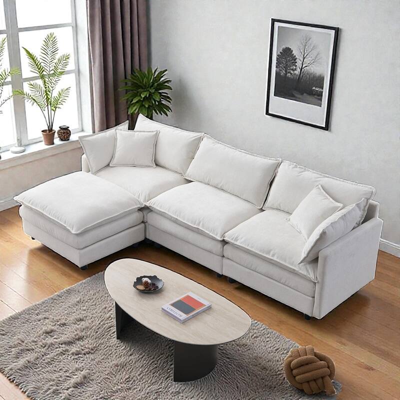 105" L-Shaped Modular Sectional Sofa with Ottoman, Soft Chenille Upholstery, 3-Seater Couch - Beige