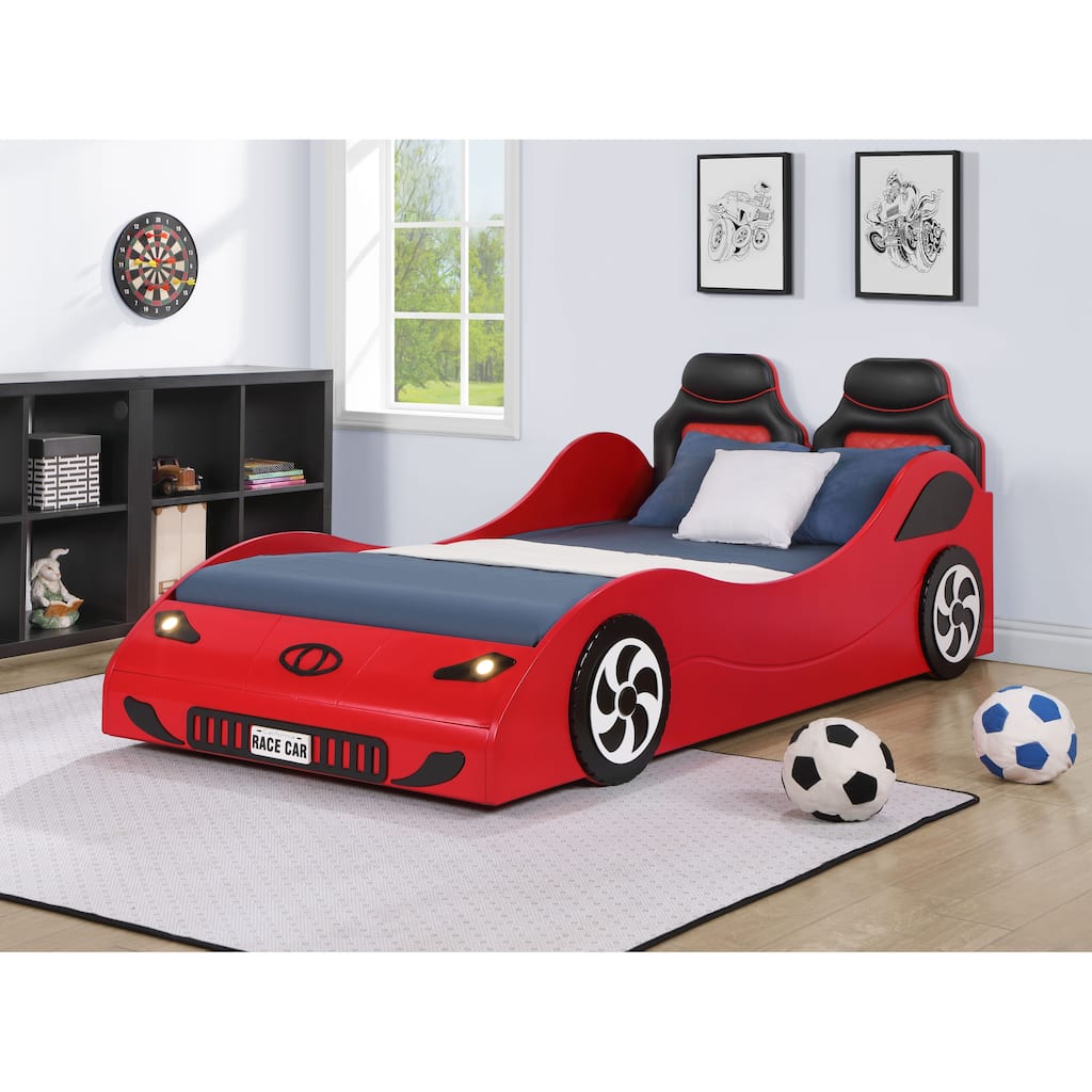 Twin Size Race Car Platform Bed with LED Lights and Upholstered Headboard