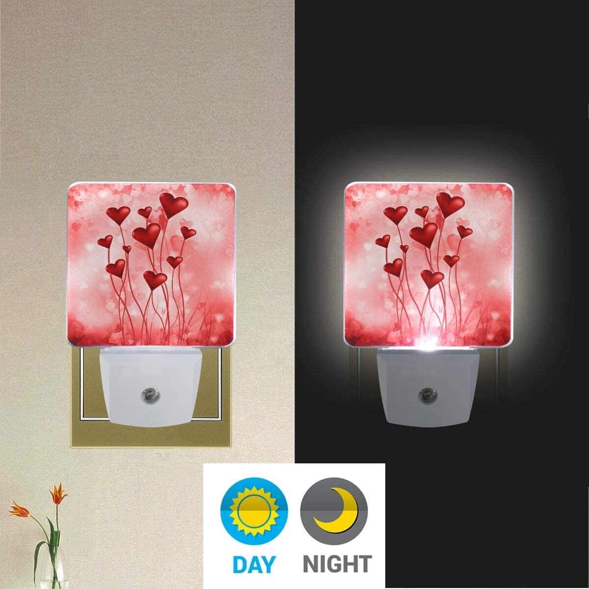 Vdsrup Beautiful Flowers Love Hearts Night Light Set of 2 Valentine's Day Plug-in LED Nightlights Auto Dusk-to-Dawn Sensor Lamp for Bedroom Bathroom Kitchen Hallway Stairs Vdsrup Beautiful Flowers Love Hearts Night Light Set of 2 Valentine's Day Plug-in LED Nightlights Auto Dusk-to-Dawn Sensor Lamp for Bedroom Bathroom Kitchen Hallway Stairs