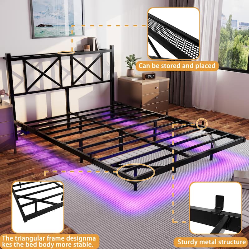 Floating Bed Frame Metal Platform Bed Frame with USB Charging Station Storage Headboard, LED Lights, No Box Spring Needed,Black