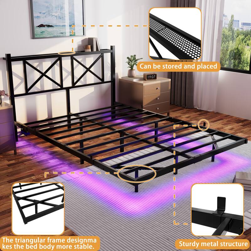 Floating Platform Bed with Storage Headboard, USB Charging & LED Lights. Heavy Duty Steel Slats