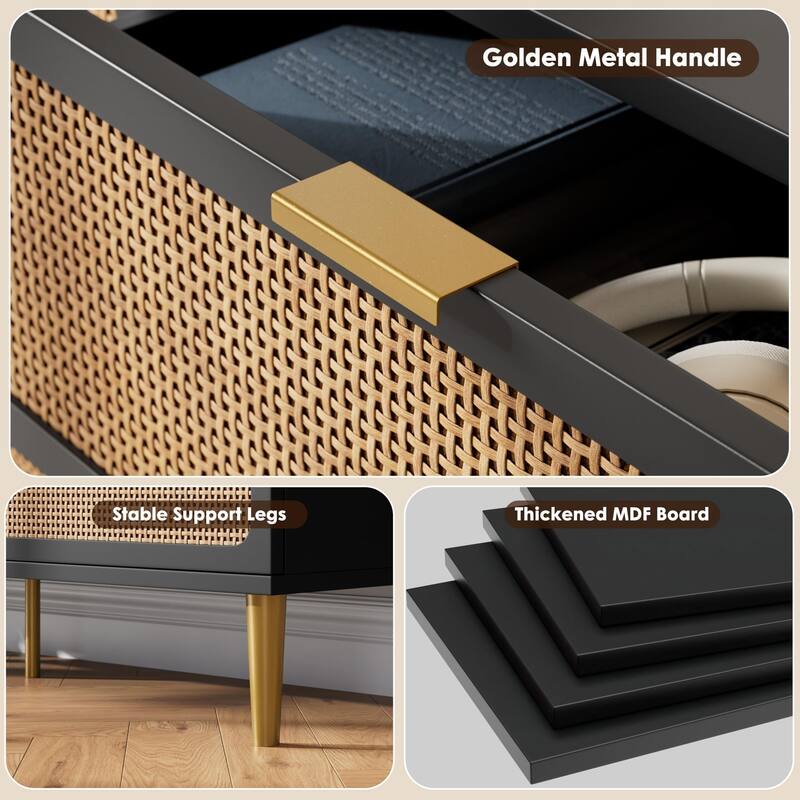 Rattan 6 Drawer Dresser for Bedroom, Large Double Dresser with Deep Drawers, Wooden Chest of Drawers for Closet with Wide Top