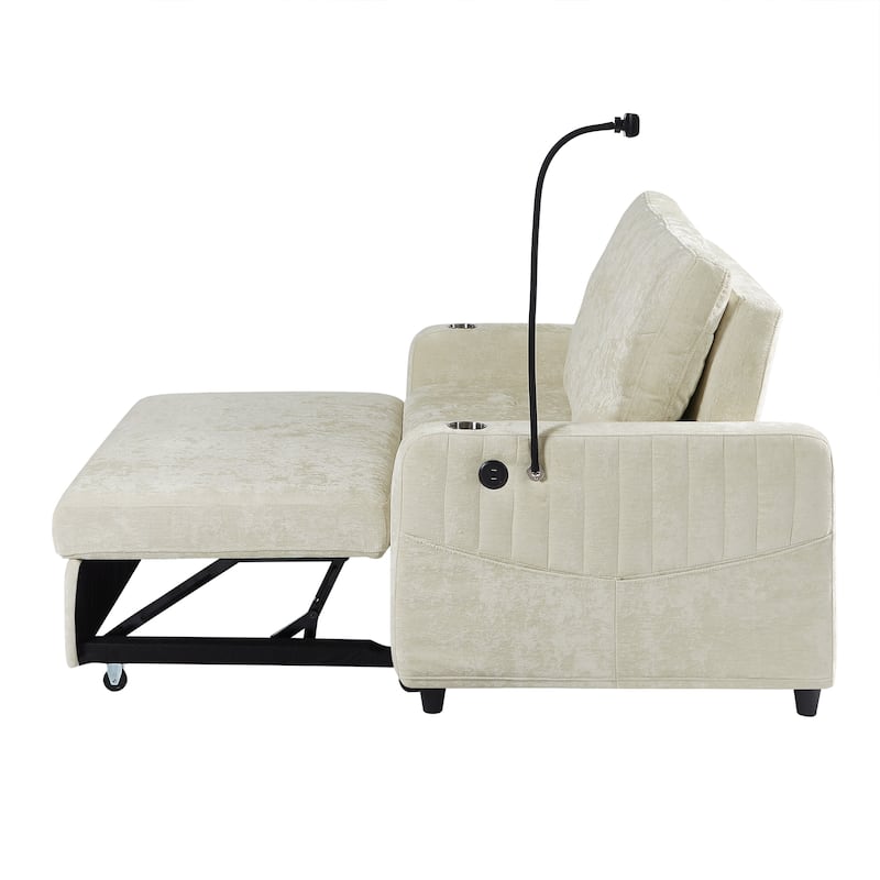 53.9" Chenille Convertible Loveseat with Pull-Out Bed, 3 USB Ports, and Smart Storage