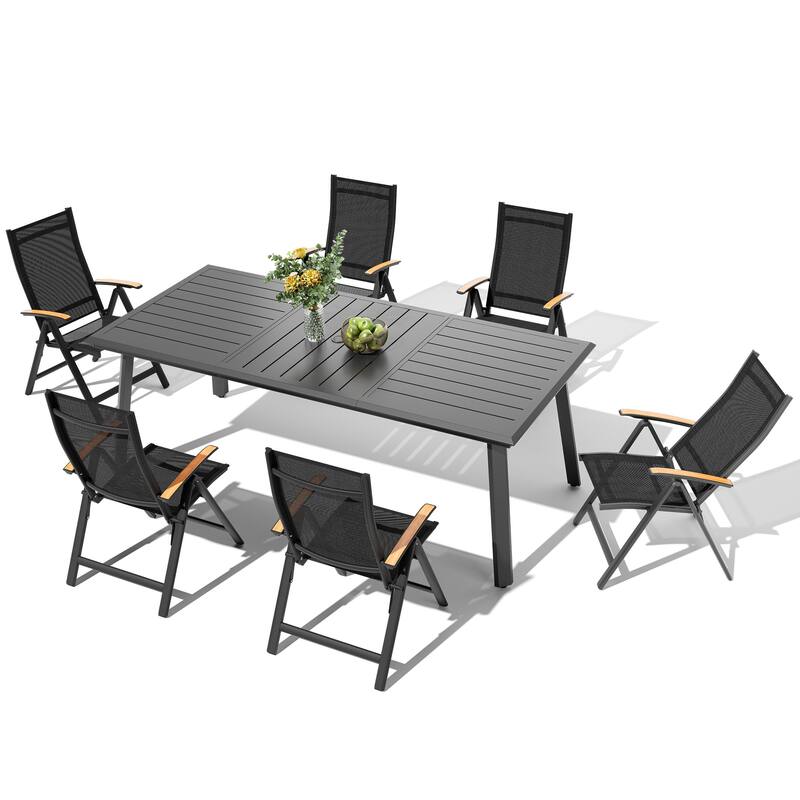 7/9-Piece Outdoor Dining Set Aluminum Patio Dining Table with Umbrella Hole and Adjustable Folding Chairs