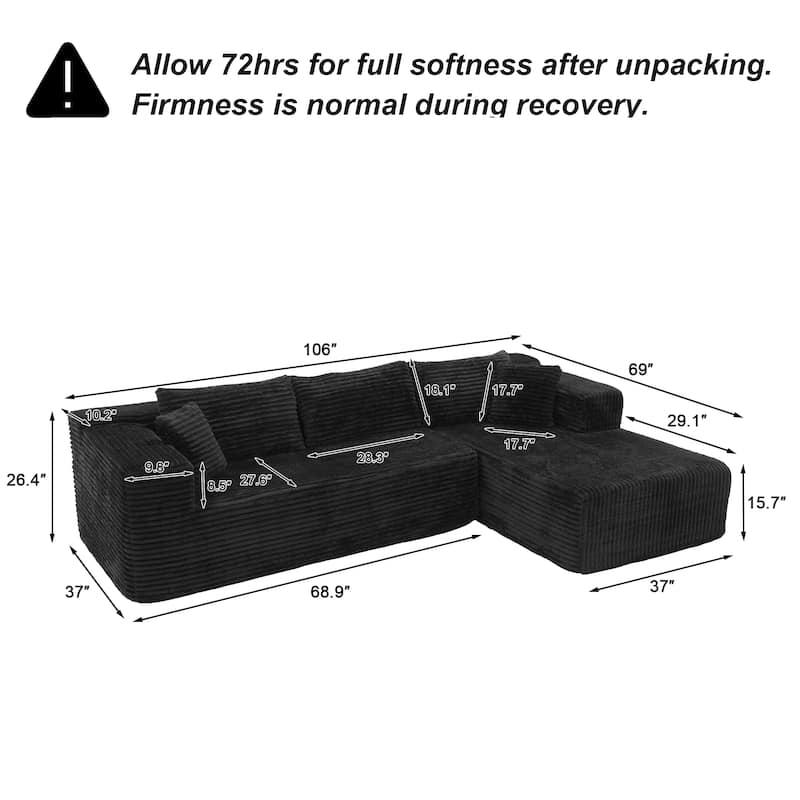 Black L-Shaped Compressed Foam Sofa – Ready-to-Use Sectional Couch with Chaise