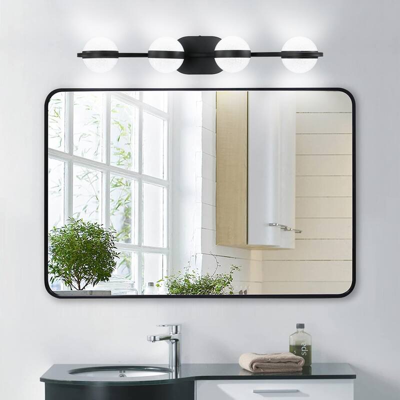 30" Black Minimalist LED Bathroom Vanity Light with Crystal Sand Acrylic Shades