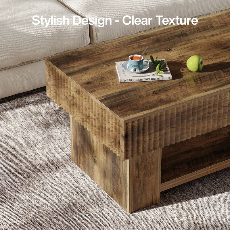 Large Wood Coffee Table with Storage, Farmhouse Rectangular Center Table with Open Shelf for Living Room