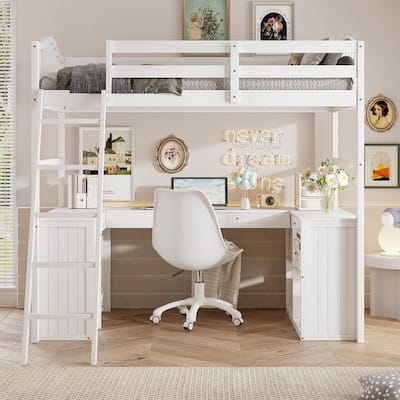 Twin Size Wooden Loft Bed with Drawers, Cabinet, Shelves and Desk