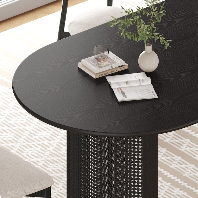 67"L×33.5"W Oval Wood Dining Table Double Rattan Pedestal Kitchen Table