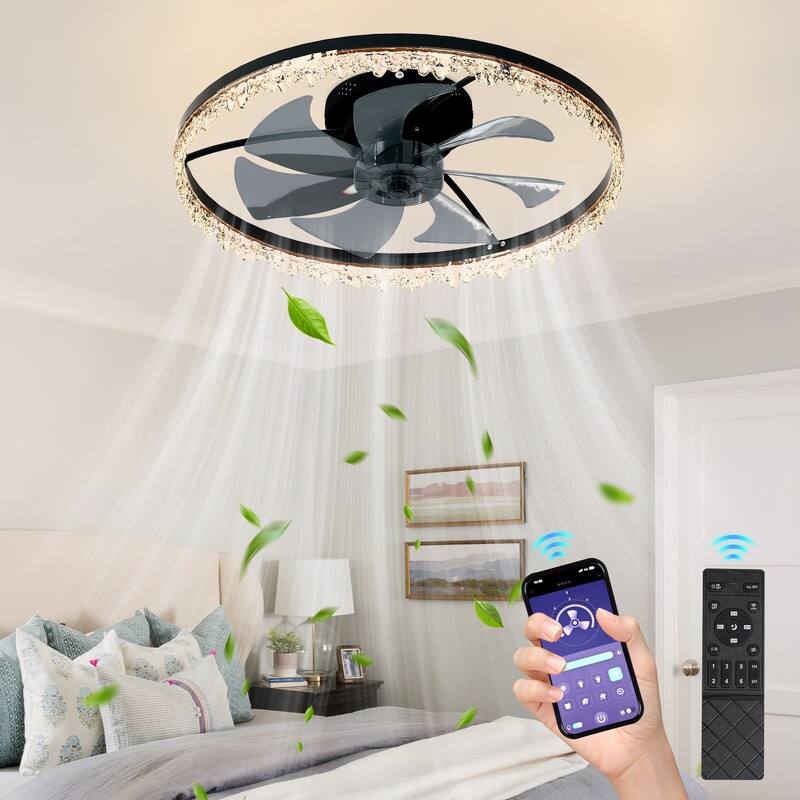 Smart LED Ceiling Fan Light Flush Mount, Dimmable with Remote Timer - 24-inch - Black - Hardwired