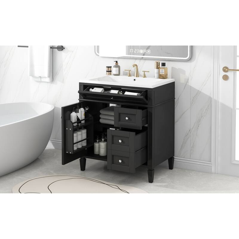 Roomfitters 30" Vanity with Sink, Bathroom Cabinet with 2 Drawers and Tip-out Tray, Modern Freestanding Design
