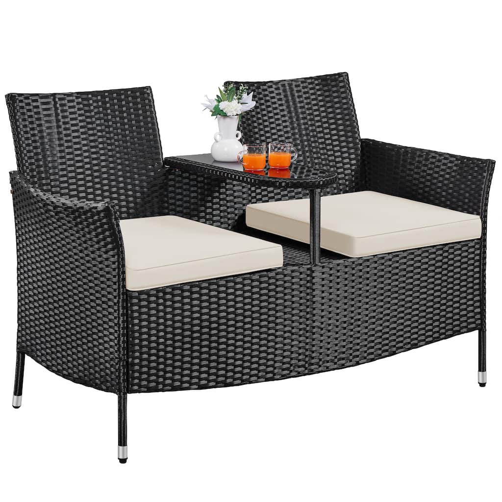 Yaheetech Wicker Patio Conversation Furniture Set for Two People with Side Table and Removable Cushions