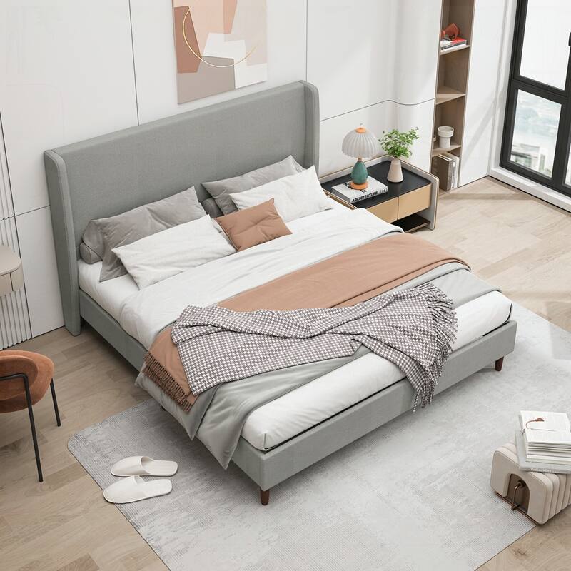 High Headboard Upholstered Bed with 12-Slat Support
