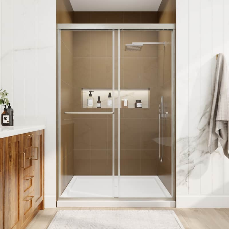 Modland 44''- 48'' W x 72'' H Glass Semi-Frameless Double Sliding Shower Tub Door in Matte Black / Brushed Nickel