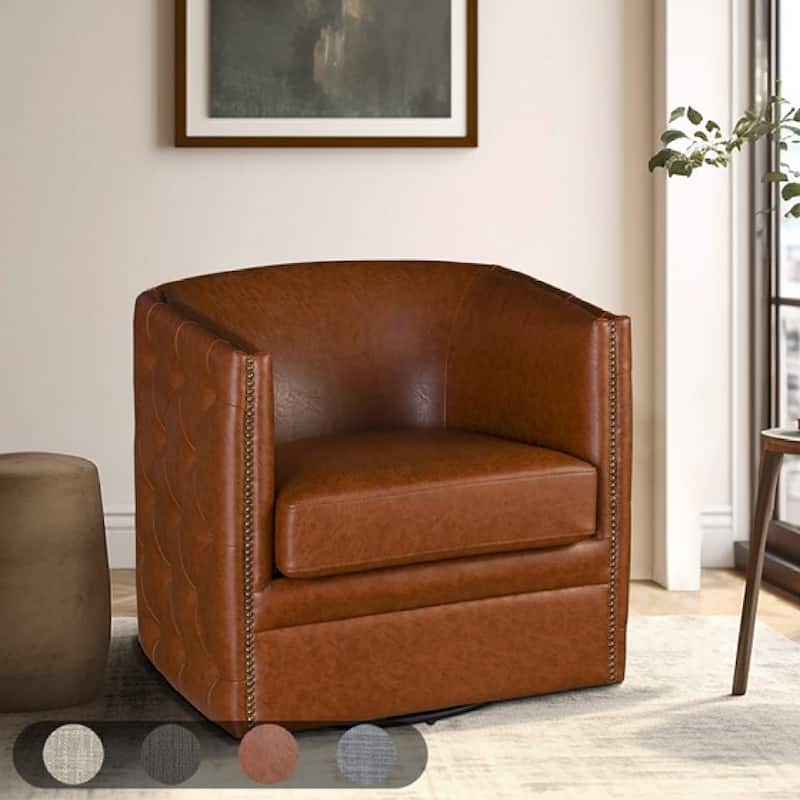 Roomfitters Tufted Barrel Swivel Accent Chair, 360 Degree Faux Leather Lounge Chair with Nailhead Trim for Living Room, Brown