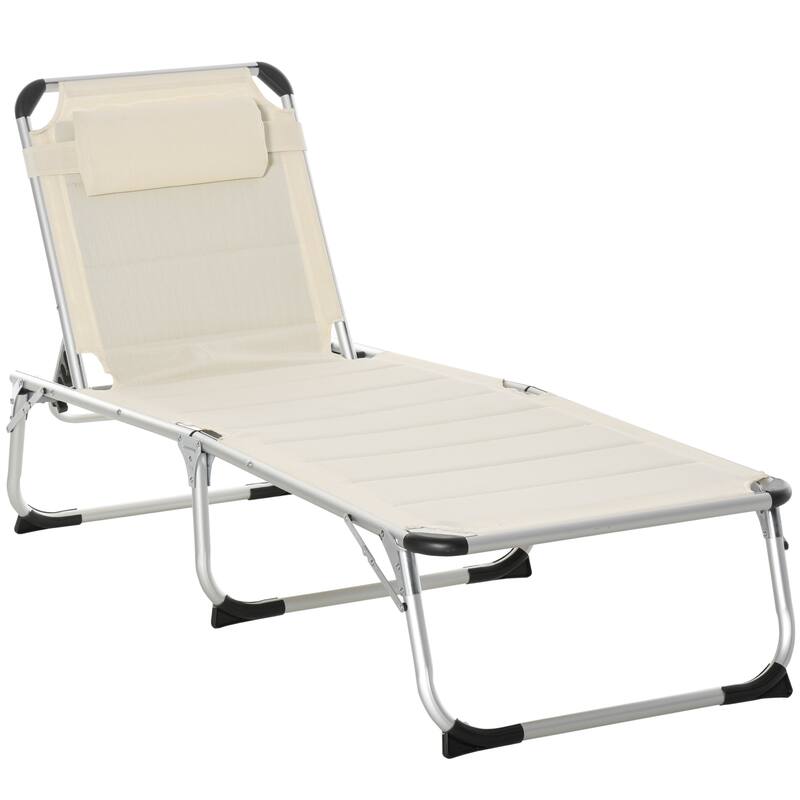 Foldable Outdoor Lounge Chair with 5-Position Recline, Cushioned Seat and Headrest for Beach Patio or Poolside - White