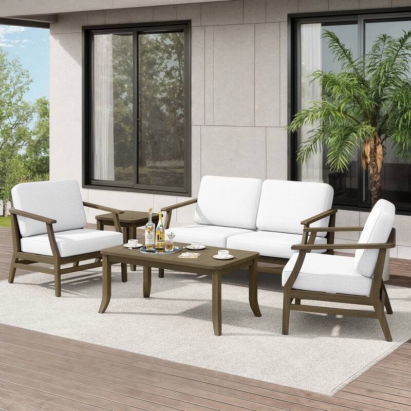Teak Outdoor Patio Seating Set with Loveseat, Chairs and Tables (5-Piece) - Beige - Natural Wood