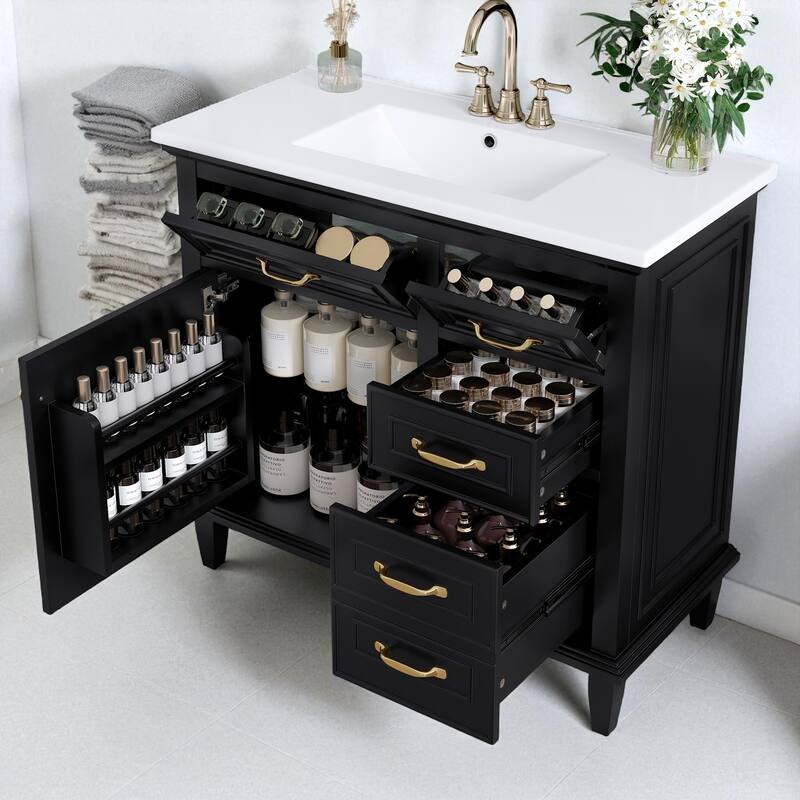 36" Bathroom Vanity with Ceramic Sink, Solid Wood Frame, 4 Drawers and Adjustable Shelf, Freestanding Cabinet