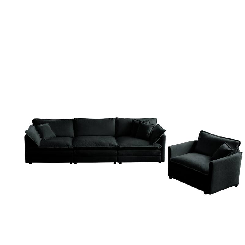 5-Seat Chenille Living Room Sofa Set (3-Seater + 2 Accent Chairs) with Round Arms & Solid Wood Frame