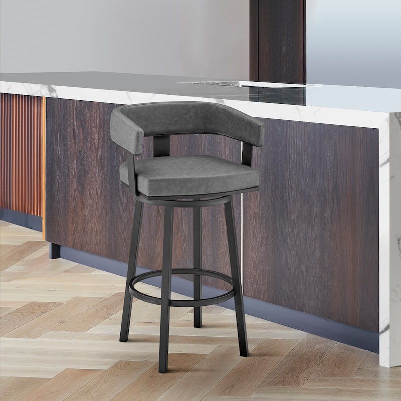 Lorin Upholstered Swivel Counter/Bar Stool in Faux Leather with Arms - Gray and Black - Bar Height